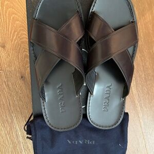 Men’s Prada leather slides.  New with tags, box and original packaging